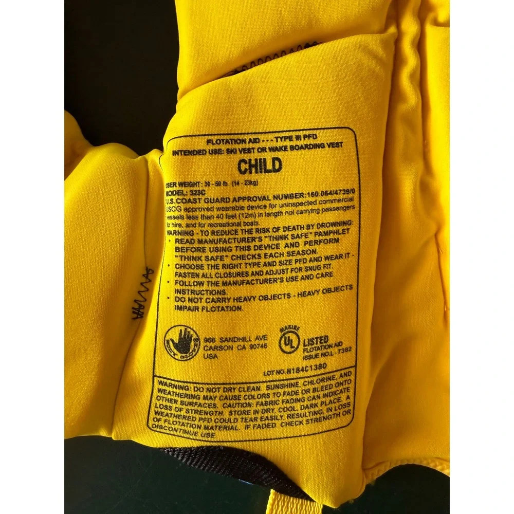 Body Glove Child Life Vest PFD USCG Approved 30-50 lbs Blue Yellow Striped 323C